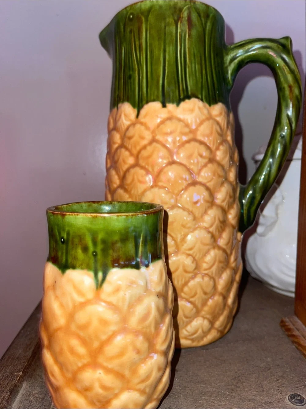 Vintage handcrafted Ceramic Pineapple Pitcher and Tumbler Set - Green & Peach
